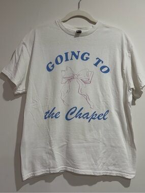 Going To The Chapel Graphic Tee - White with Blue & Light Pink
